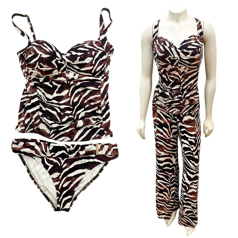 La Blanca Brown White Zebra Print Swim Set Top Bottom and Pant Sz 14